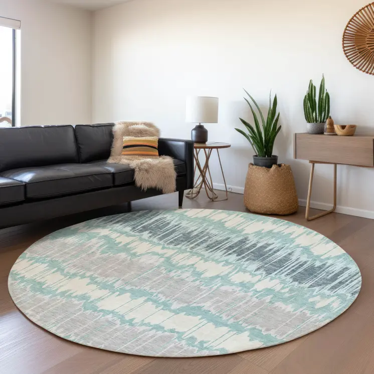 8' Teal Blue Aqua And Silver Round Striped Washable Indoor Outdoor Area Rug