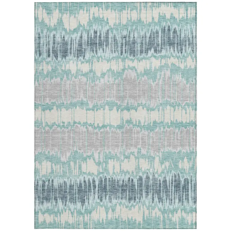 10' X 14' Teal Blue Aqua And Silver Striped Washable Indoor Outdoor Area Rug