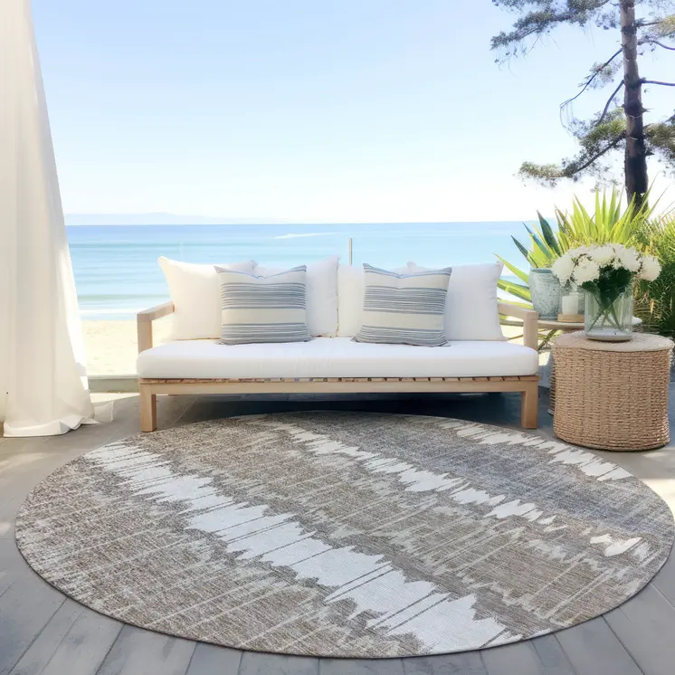 8' Taupe Brown And Ivory Round Striped Washable Indoor Outdoor Area Rug