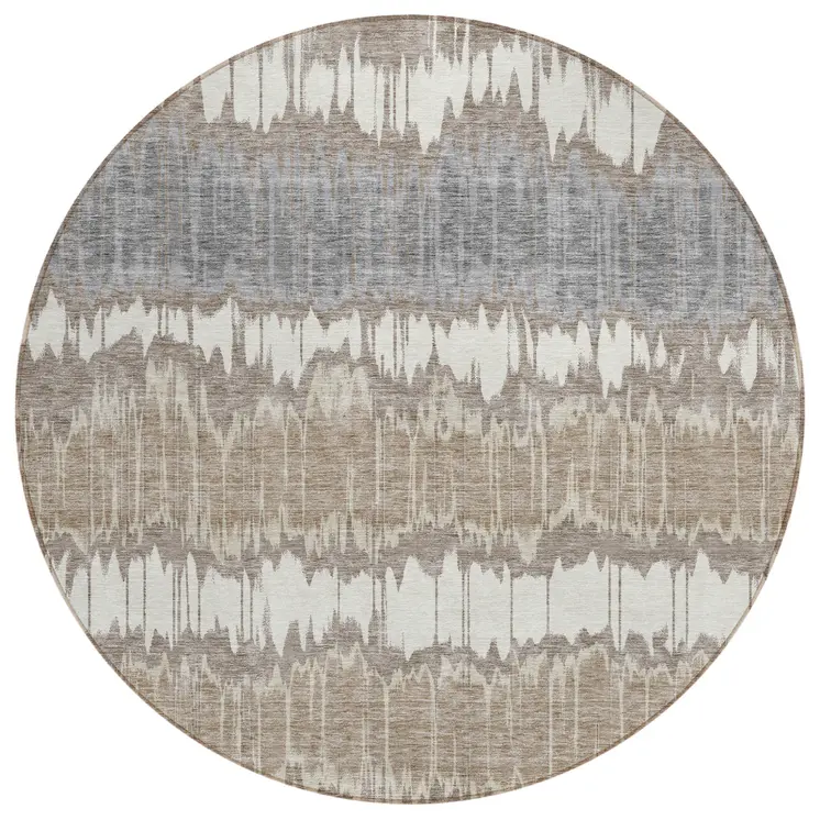 8' Taupe Brown And Ivory Round Striped Washable Indoor Outdoor Area Rug