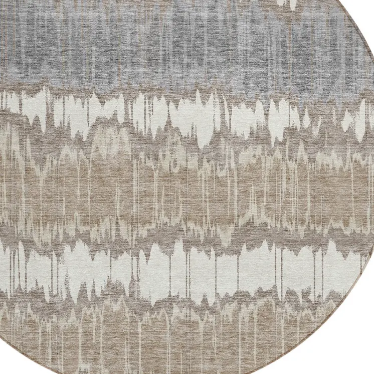 8' Taupe Brown And Ivory Round Striped Washable Indoor Outdoor Area Rug