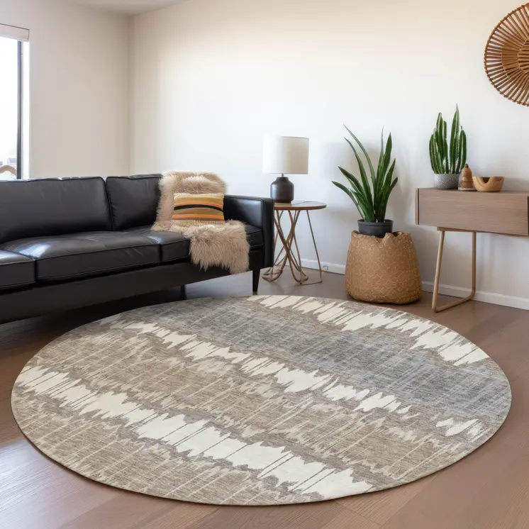 8' Taupe Brown And Ivory Round Striped Washable Indoor Outdoor Area Rug