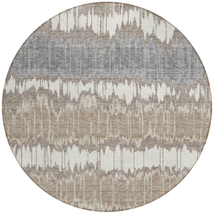 8' Taupe Brown And Ivory Round Striped Washable Indoor Outdoor Area Rug