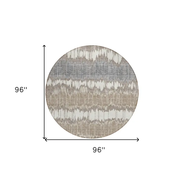 8' Taupe Brown And Ivory Round Striped Washable Indoor Outdoor Area Rug