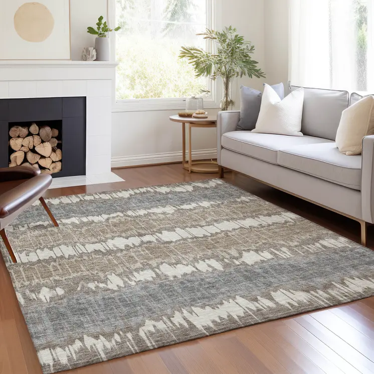 10' X 14' Taupe Brown And Ivory Striped Washable Indoor Outdoor Area Rug
