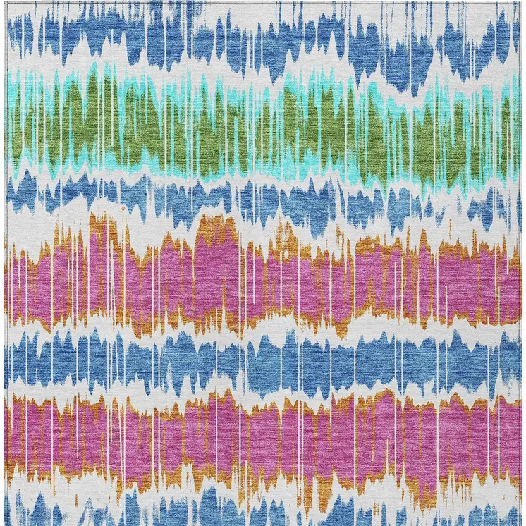 3' X 5' White Blue And Pink Striped Washable Indoor Outdoor Area Rug