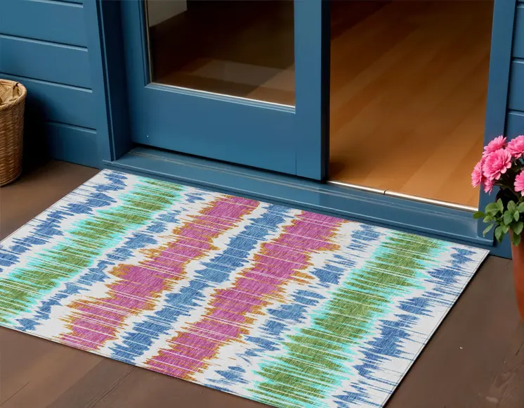 3' X 5' White Blue And Pink Striped Washable Indoor Outdoor Area Rug