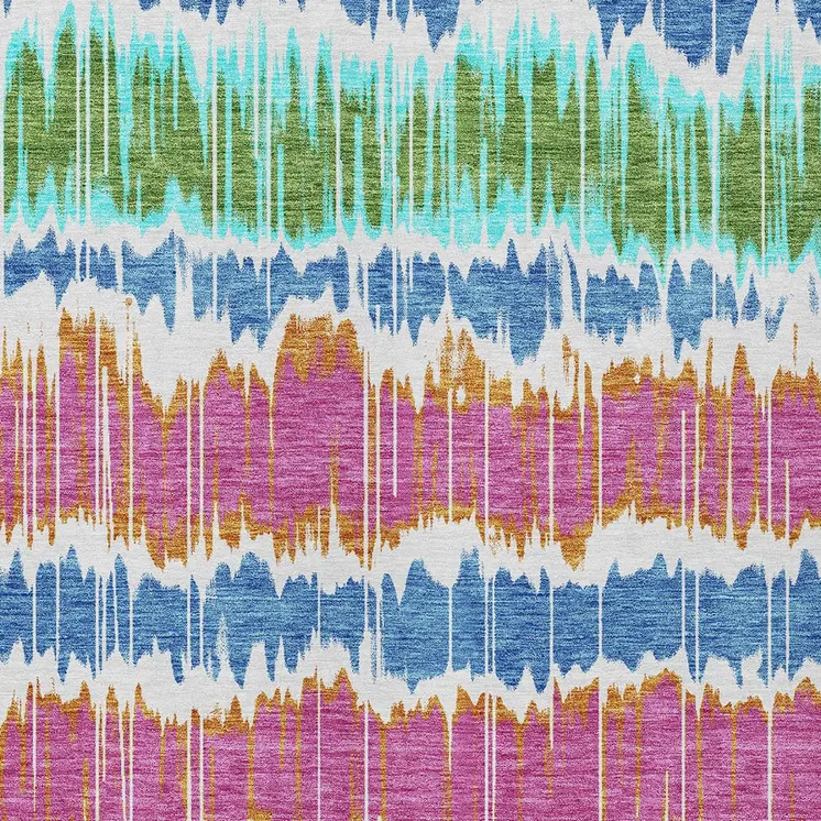 3' X 5' White Blue And Pink Striped Washable Indoor Outdoor Area Rug