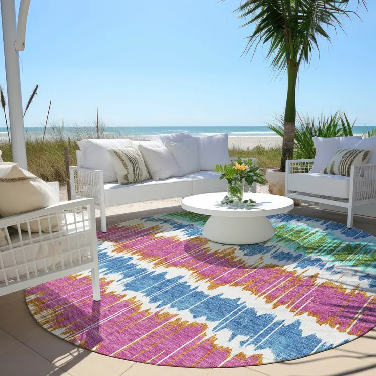8' White Blue And Pink Round Striped Washable Indoor Outdoor Area Rug