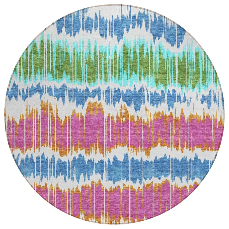 8' White Blue And Pink Round Striped Washable Indoor Outdoor Area Rug