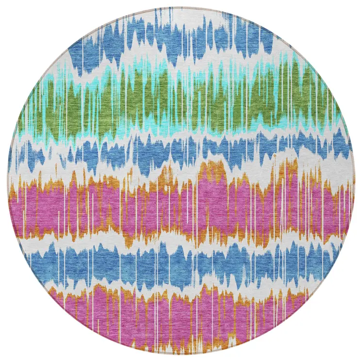 8' White Blue And Pink Round Striped Washable Indoor Outdoor Area Rug