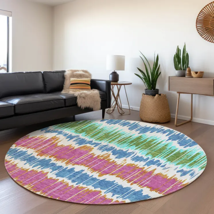 8' White Blue And Pink Round Striped Washable Indoor Outdoor Area Rug