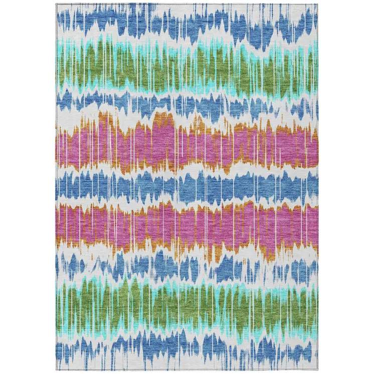 8' X 10' White Blue And Pink Striped Washable Indoor Outdoor Area Rug