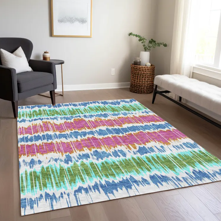 8' X 10' White Blue And Pink Striped Washable Indoor Outdoor Area Rug