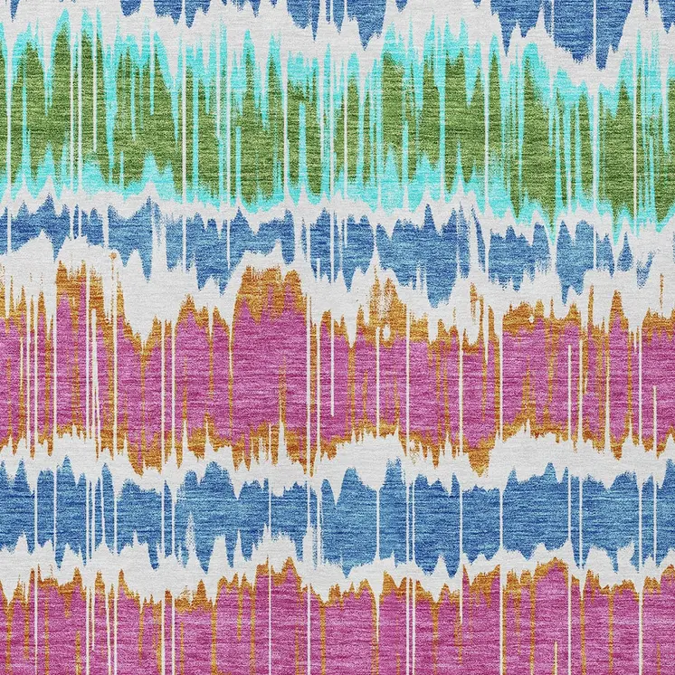 9' X 12' White Blue And Pink Striped Washable Indoor Outdoor Area Rug