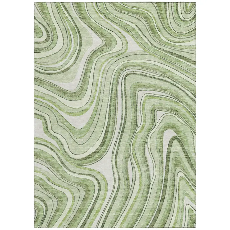 3' X 5' Artichoke Green And Ivory Abstract Washable Indoor Outdoor Area Rug