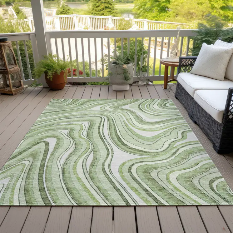 3' X 5' Artichoke Green And Ivory Abstract Washable Indoor Outdoor Area Rug