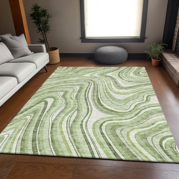 3' X 5' Artichoke Green And Ivory Abstract Washable Indoor Outdoor Area Rug