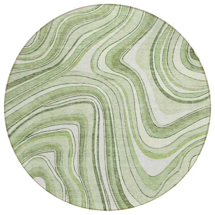 8' Artichoke Green And Ivory Round Abstract Washable Indoor Outdoor Area Rug