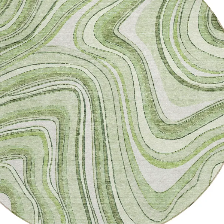 8' Artichoke Green And Ivory Round Abstract Washable Indoor Outdoor Area Rug