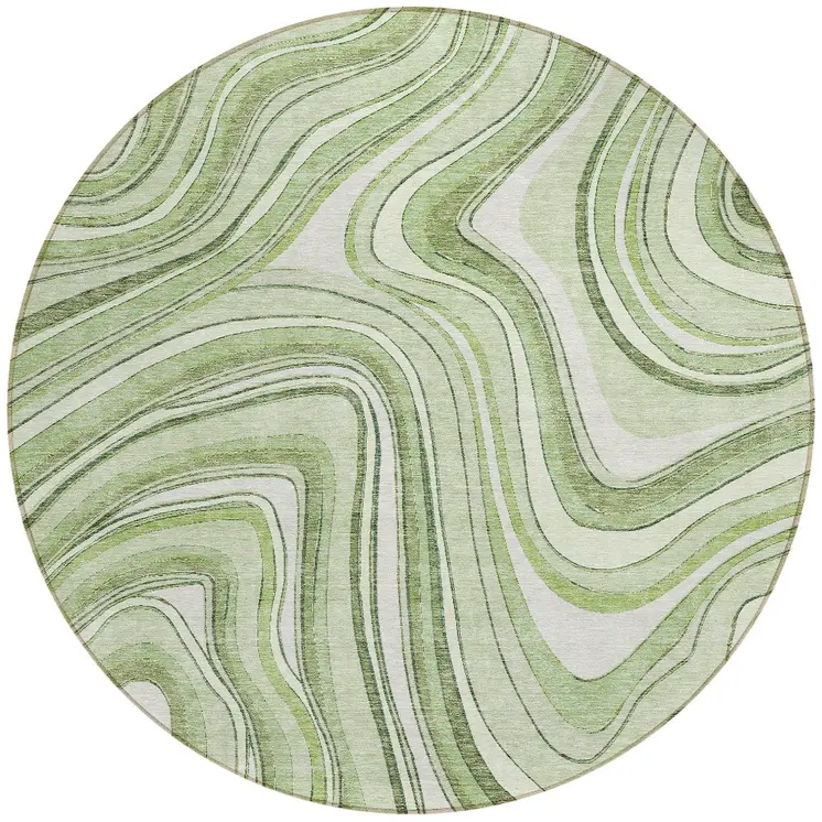 8' Artichoke Green And Ivory Round Abstract Washable Indoor Outdoor Area Rug