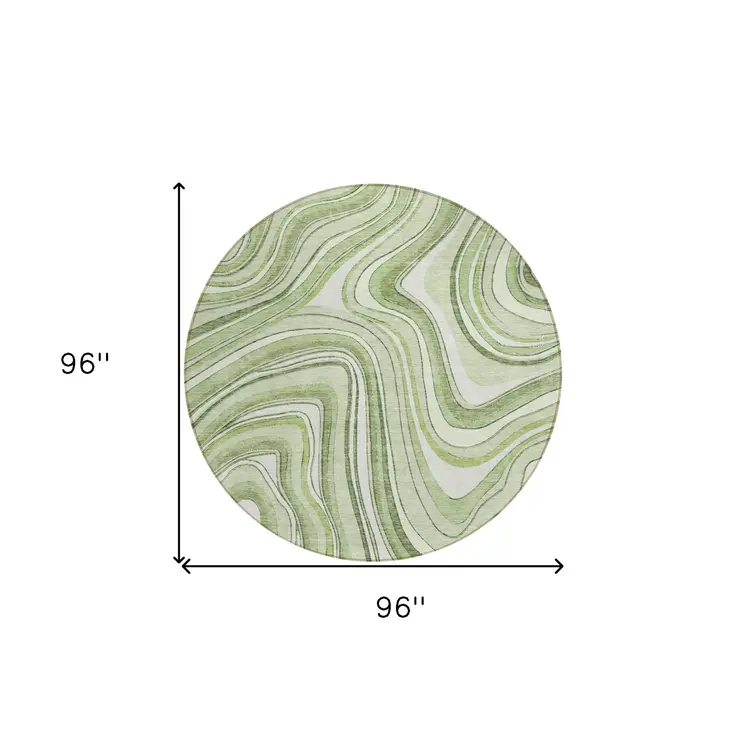 8' Artichoke Green And Ivory Round Abstract Washable Indoor Outdoor Area Rug