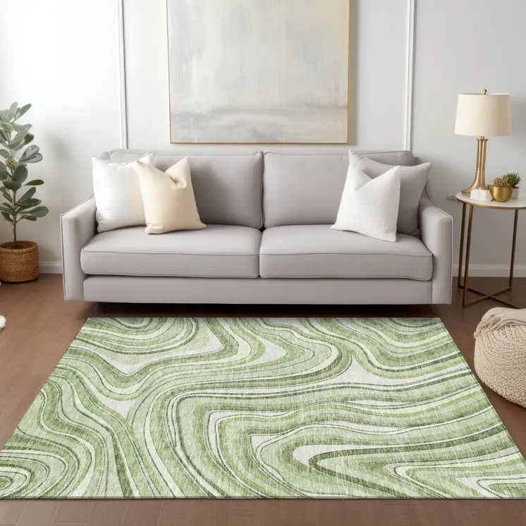 10' X 14' Artichoke Green And Ivory Abstract Washable Indoor Outdoor Area Rug