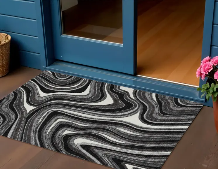 3' X 5' Black Gray And White Abstract Washable Indoor Outdoor Area Rug