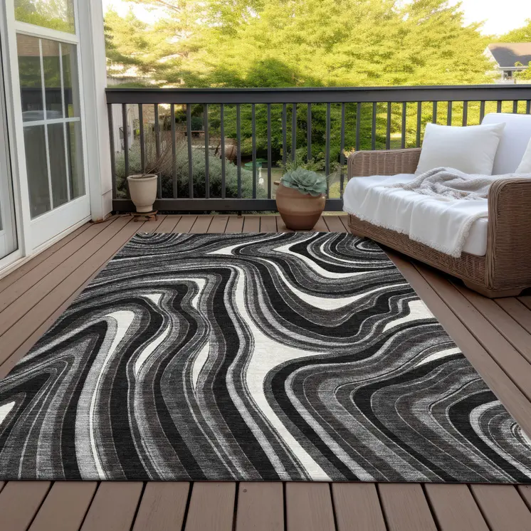 5' X 8' Black Gray And White Abstract Washable Indoor Outdoor Area Rug