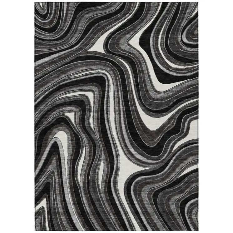 5' X 8' Black Gray And White Abstract Washable Indoor Outdoor Area Rug