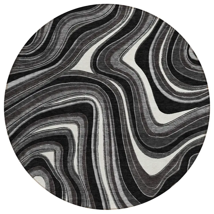 8' Black Gray And White Round Abstract Washable Indoor Outdoor Area Rug