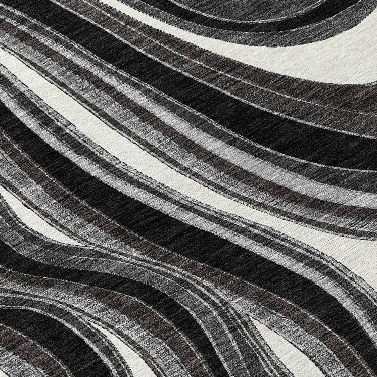 8' Black Gray And White Round Abstract Washable Indoor Outdoor Area Rug