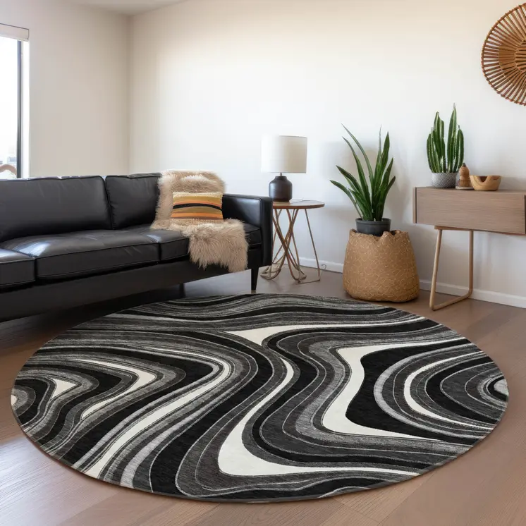 8' Black Gray And White Round Abstract Washable Indoor Outdoor Area Rug
