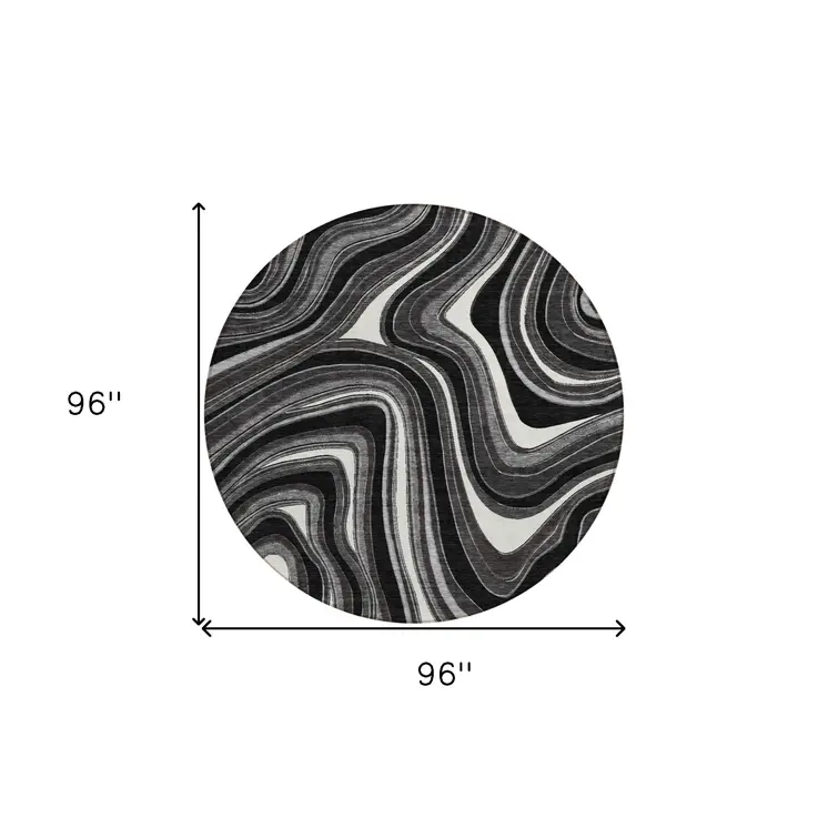8' Black Gray And White Round Abstract Washable Indoor Outdoor Area Rug