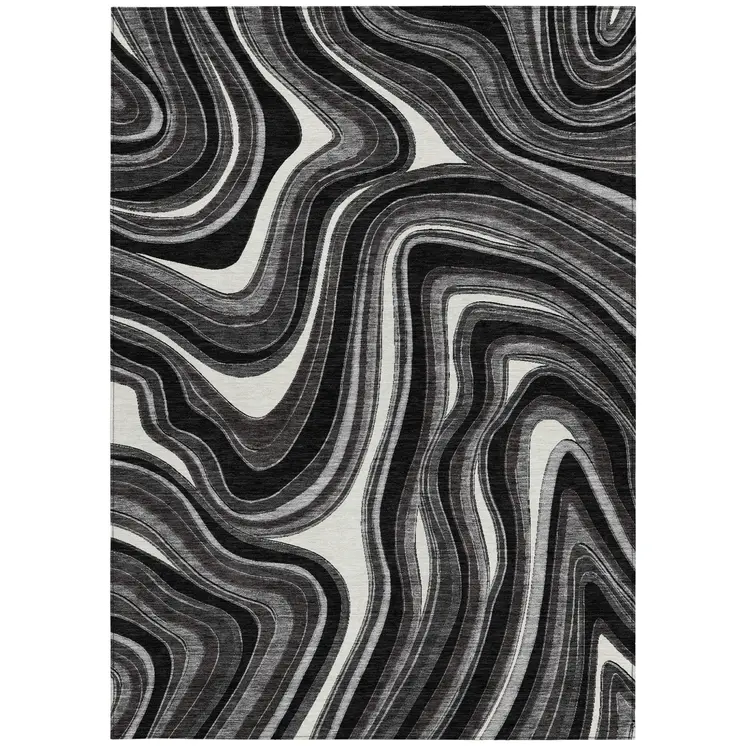 9' X 12' Black Gray And White Abstract Washable Indoor Outdoor Area Rug