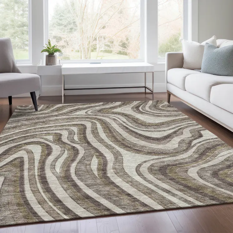 5' X 8' Brown Ivory And Taupe Abstract Washable Indoor Outdoor Area Rug