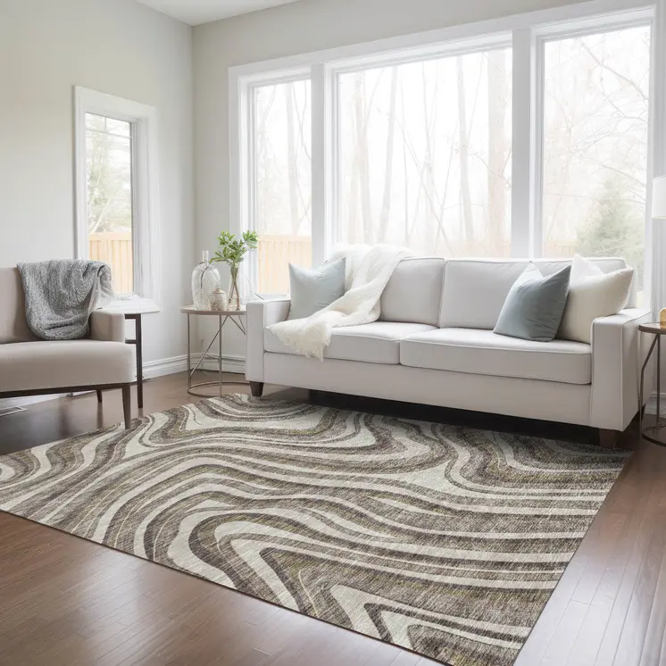 5' X 8' Brown Ivory And Taupe Abstract Washable Indoor Outdoor Area Rug