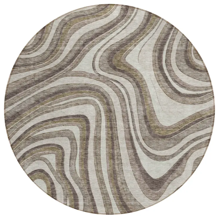 8' Brown Ivory And Taupe Round Abstract Washable Indoor Outdoor Area Rug