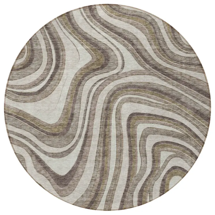 8' Brown Ivory And Taupe Round Abstract Washable Indoor Outdoor Area Rug