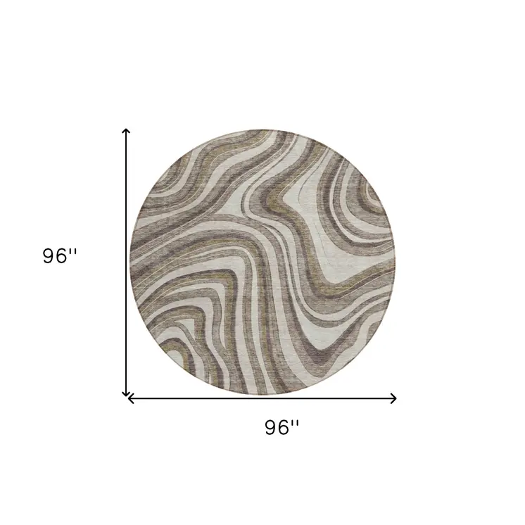 8' Brown Ivory And Taupe Round Abstract Washable Indoor Outdoor Area Rug