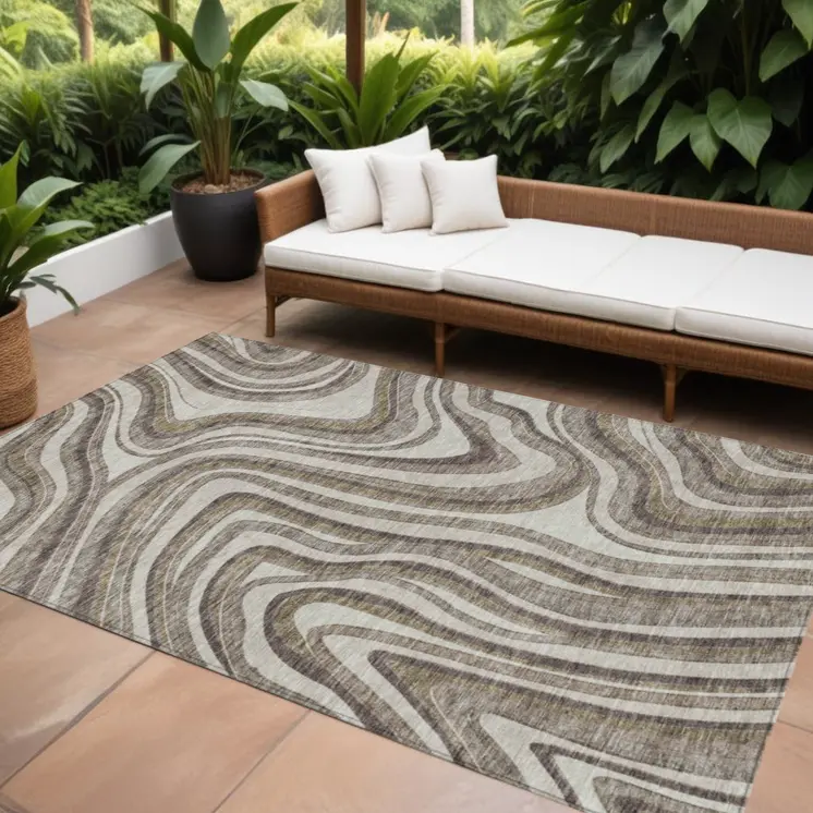 8' X 10' Brown Ivory And Taupe Abstract Washable Indoor Outdoor Area Rug