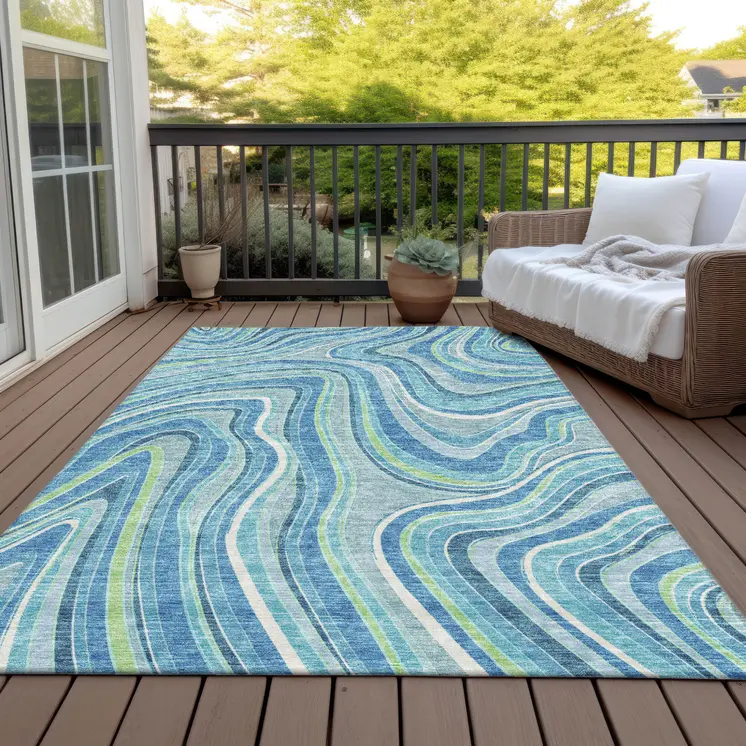 3' X 5' Navy Blue And Denim Blue Abstract Washable Indoor Outdoor Area Rug