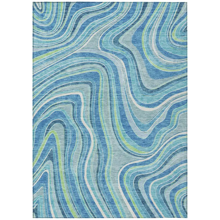 3' X 5' Navy Blue And Denim Blue Abstract Washable Indoor Outdoor Area Rug