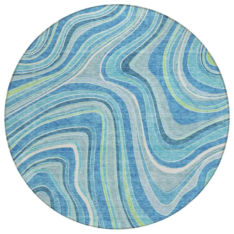 8' Navy Blue And Denim Blue Round Abstract Washable Indoor Outdoor Area Rug