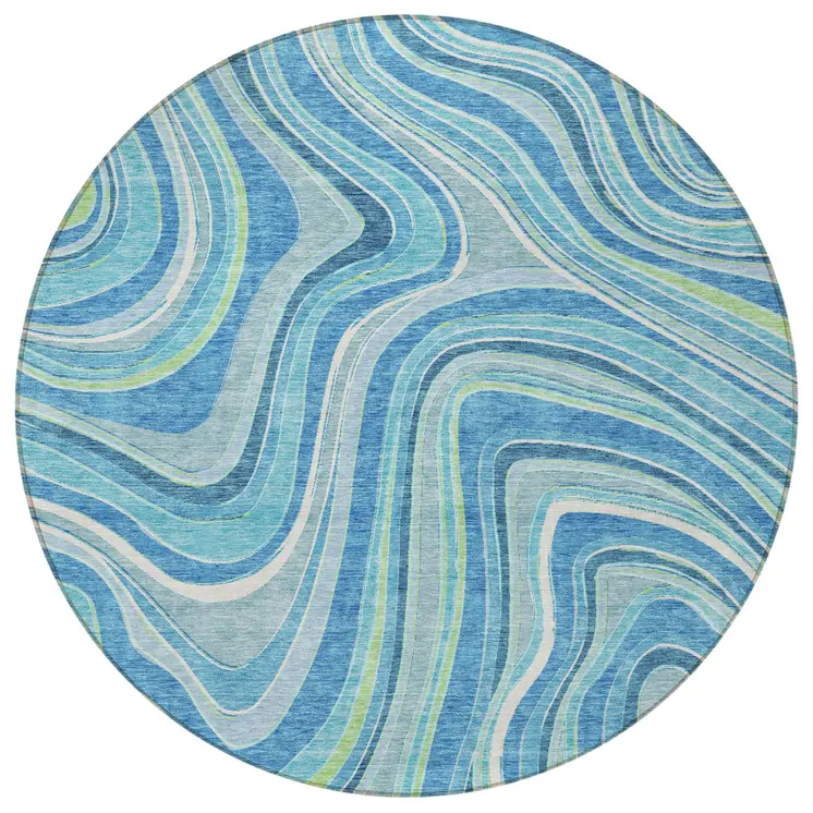 8' Navy Blue And Denim Blue Round Abstract Washable Indoor Outdoor Area Rug