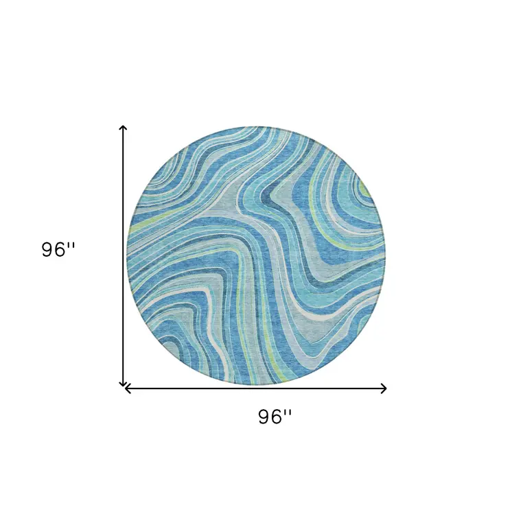 8' Navy Blue And Denim Blue Round Abstract Washable Indoor Outdoor Area Rug