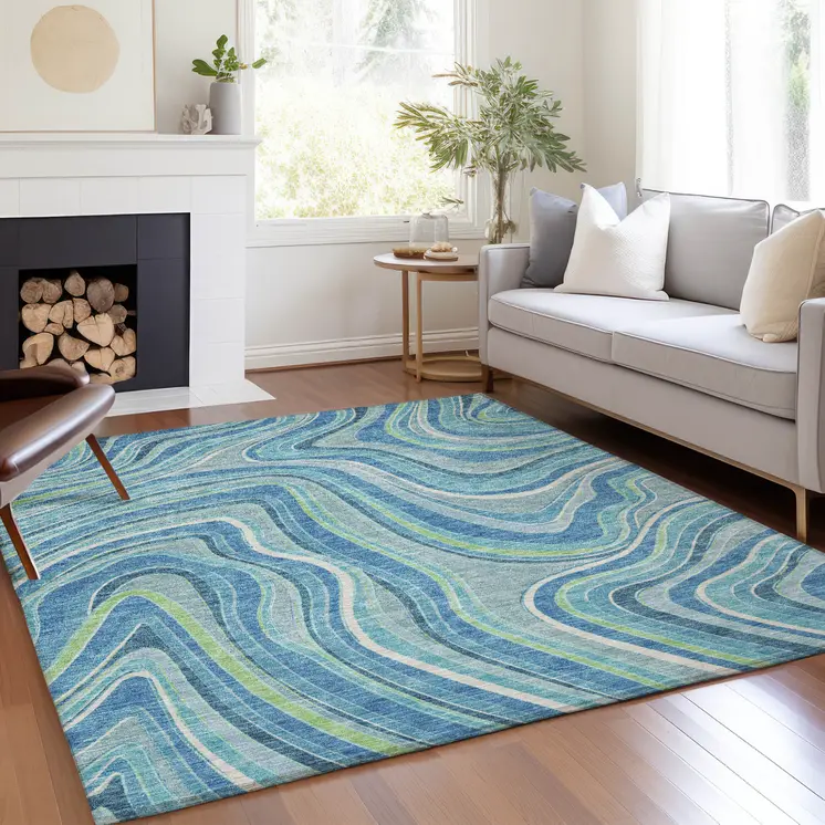 9' X 12' Navy Blue And Denim Blue Abstract Washable Indoor Outdoor Area Rug