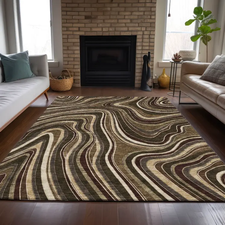 5' X 8' Brown And Ivory Abstract Washable Indoor Outdoor Area Rug