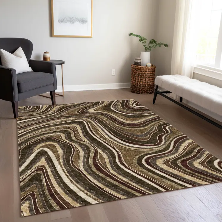5' X 8' Brown And Ivory Abstract Washable Indoor Outdoor Area Rug