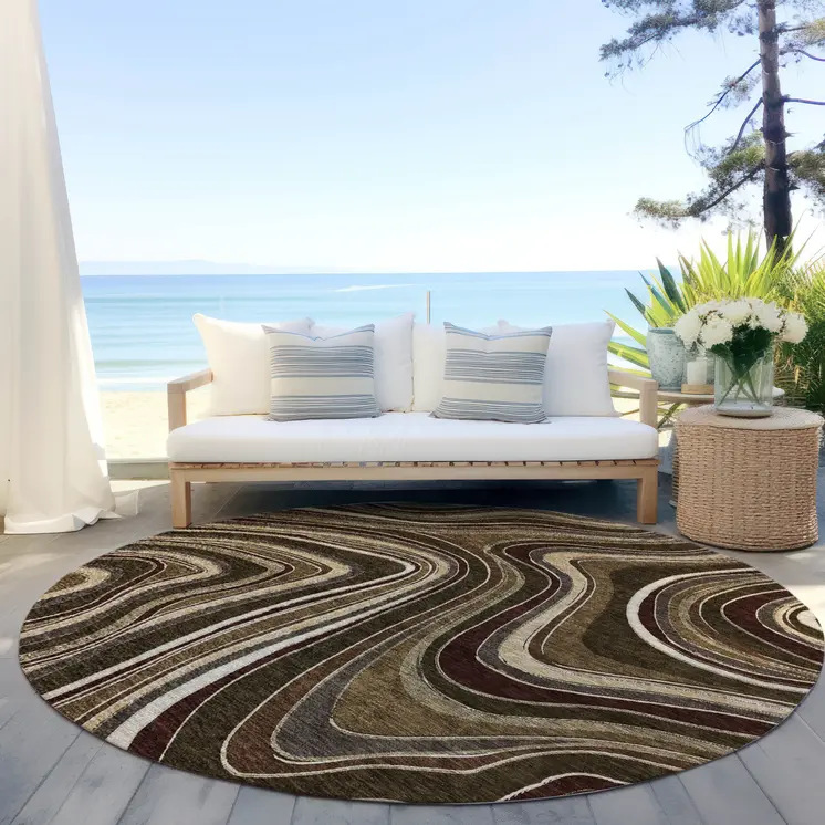 8' Brown And Ivory Round Abstract Washable Indoor Outdoor Area Rug